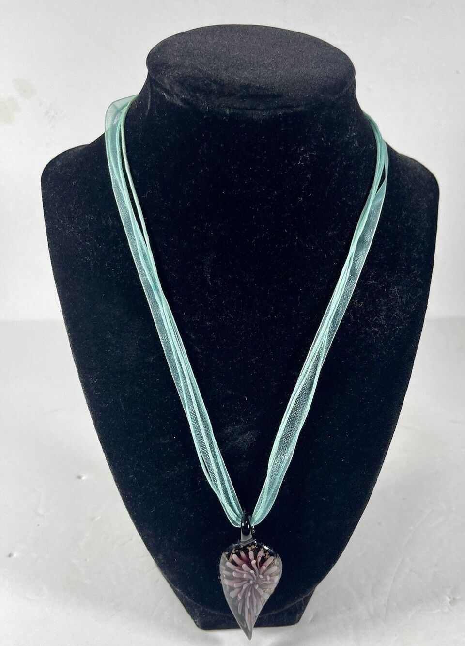 Artisan Murano Style Millefiori Glass Heart Pendant Necklace Teal Ribbon